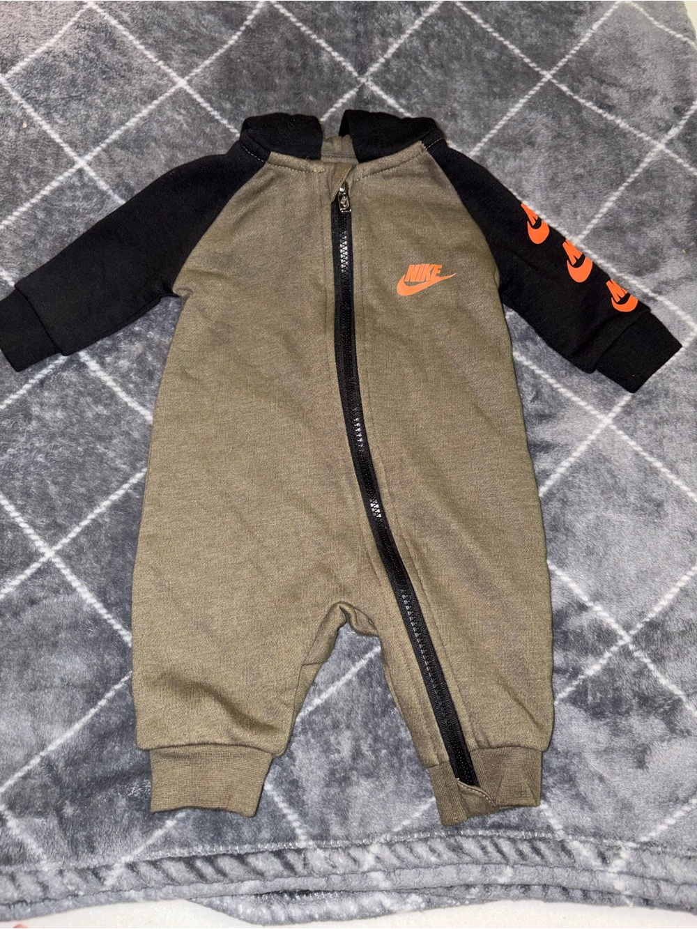 Nike Olive & Black Zip Front Baby One-Piece with Orange Swoosh